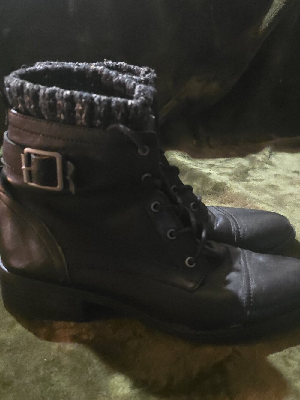 Comfortiva Cordelia Black Leather Lace-Up Boots, Knit Cuff, Side Zip size 9 wome